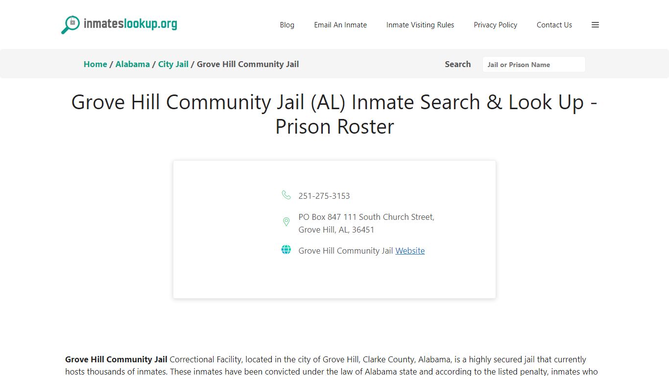 Grove Hill Community Jail (AL) Inmate Search & Look Up - Inmate Lookup